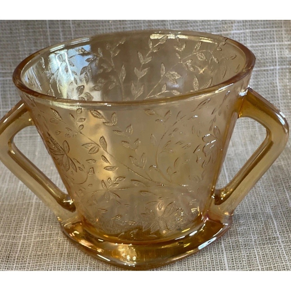 Jeanette Glass Iris and Herringbone Sugar Bowl Marigold Carnival Amber Excellent